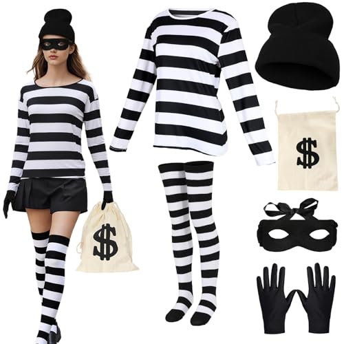 Bankräuber-Kostüm für Damen, Räuber, Einbrecher, Kostüm, schwarz-weiß gestreiftes Hemd, Augenmaske, Kappe, Handschuhe, Zubehör, Halloween, Cosplay, Dieb, Kriminaloutfit für Erwachsene, 6-teilig Bankräuber-Kostüm für Damen, Räuber, Einbrecher, Kostüm, schwarz-weiß gestreiftes Hemd, Augenmaske, Kappe, Handschuhe, Zubehör, Halloween, Cosplay, Dieb, Kriminaloutfit für Erwachsene, 6-teilig von SINSEN
