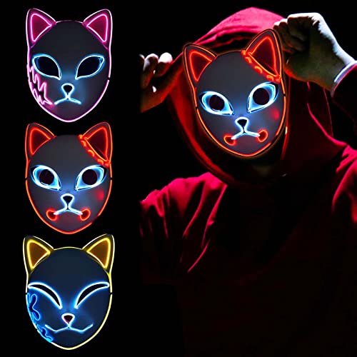 3 x Demon Slayer Fox Maske LED Cosplay Katzenmaske Japanisches Anime Halloween Kostüm Requisiten für Erwachsene (3 Stück) von SINSEN