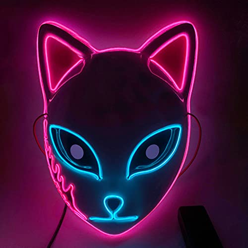 Demon Slayer Fox Mask LED Cosplay Katzenmaske Japanische Anime Halloween Kostüm Requisiten für Kinder Erwachsene (Rosa) von SINSEN