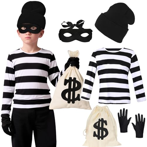 Räuber-Kostüm für Kinder, 5-teiliges Räuber-Kostüm, Einbrecher-Kostüm, schwarz-weiß gestreiftes Hemd mit Zubehör, Einbrecherdieb, Kriminell, Halloween, Cosplay, Outfit für Jungen und Mädchen im Alter Räuber-Kostüm für Kinder, 5-teiliges Räuber-Kostüm, Einbrecher-Kostüm, schwarz-weiß gestreiftes Hemd mit Zubehör, Einbrecherdieb, Kriminell, Halloween, Cosplay, Outfit für Jungen und Mädchen im Alter von SINSEN