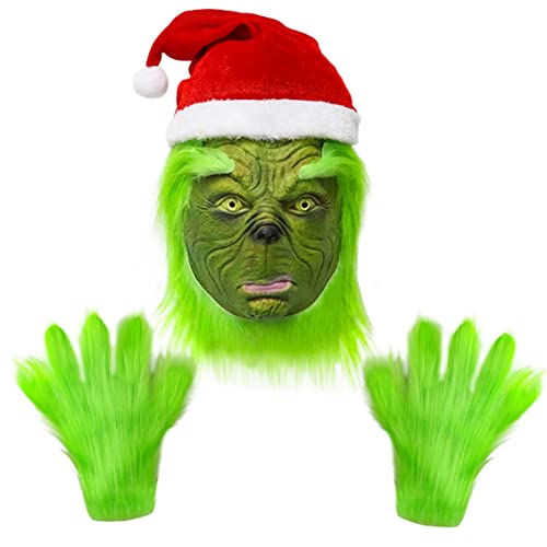 SINSEN 3 Stück Grinch Maske und Handschuhe, Hut, pelzig, gruseliges Monster-Kostüm-Requisiten, Latex, voller Kopf, Cosplay, Kopfschmuck mit Weihnachtsmannmütze, Kostüm, grün (Maske + Handschuhe) von SINSEN