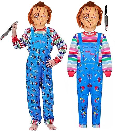 SINSEN Chucky Kostüm für Kinder Jumpsuit Maske Plastikmesser Chucky Hut Chucky Hemd Latzhose Halloween Cosplay Kostüm für Jungen Mädchen 3-10 Jahre von SINSEN