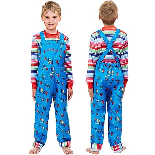 SINSEN Chucky Kostüm für Kinder Jumpsuit Maske Plastikmesser Chucky Hut Chucky Hemd Latzhose Halloween Cosplay Kostüm für Jungen Mädchen 3-10 Jahre von SINSEN