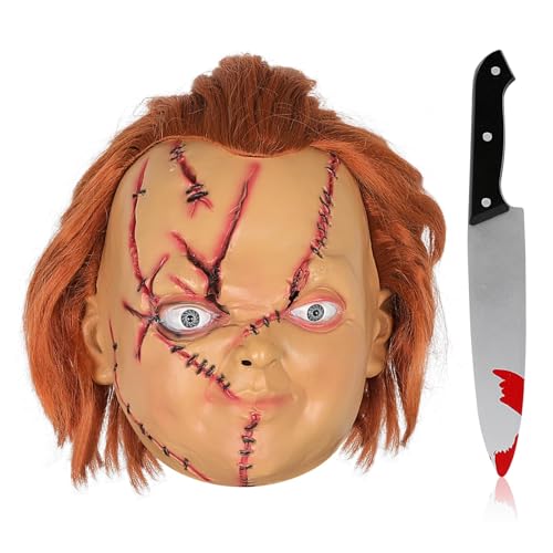 SINSEN Chucky Maske Messer Gruselige Chucky Vollkopf Latexmaske mit Haaren Halloween Gruselmaske Realistische Cosplay Maske Chucky Kostüm Requisit für Erwachsene von SINSEN