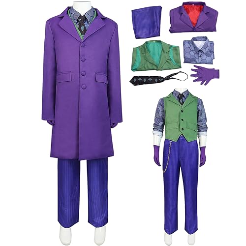 SINSEN Joker Kostüm für Kinder Clown Cosplay Kostüm Joker Mantel Hemd Zubehör Anzug Halloween Outfit für Jungen Mädchen 4-14 Jahre von SINSEN