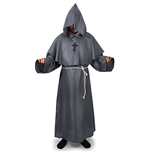 SINSEN Mönch Kostüm Robe,Priester Mönch Gewand Kostüm Halloween Cosplay Faschingskostüme Fancy Dress Mittelalterliche Robe Umhang Kostüme Für Erwachsene (2XL,Grau) von SINSEN