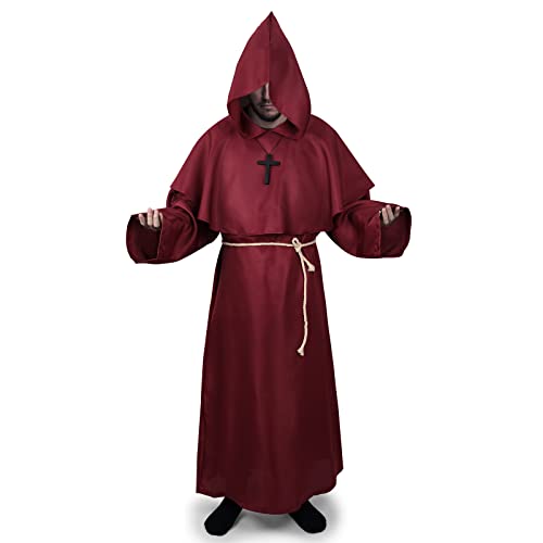 SINSEN Mönch Kostüm Robe,Priester Mönch Gewand Kostüm Halloween Cosplay Faschingskostüme Fancy Dress Mittelalterliche Robe Umhang Kostüme Für Erwachsene (2XL,Rot) von SINSEN