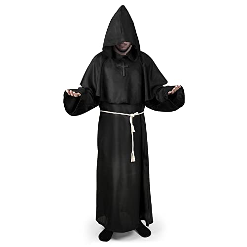 SINSEN Mönch Kostüm Robe,Priester Mönch Gewand Kostüm Halloween Cosplay Faschingskostüme Fancy Dress Mittelalterliche Robe Umhang Kostüme Für Erwachsene (2XL,Schwarz) von SINSEN