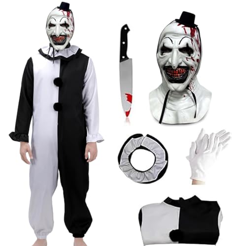 SINSEN Terrifier Kostüm für Erwachsene, Kunst, Clown-Overall, Bodysuit mit gruseliger Terrifier-Maske, gefälschte blutige Messer, Handschuhe, Halloween, Cosplay, Kostüm, Verkleidung, Outfit für Männer von SINSEN