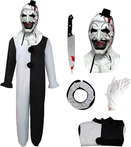 SINSEN Terrifier Kostüm für Kinder, Kunst, der Clown, Overall, Bodysuit, Maske, gefälschtes Messer, Spielzeug, Handschuhe, der Killer-Clown-Outfit, Halloween, Cosplay, Verkleidung für Jungen und von SINSEN