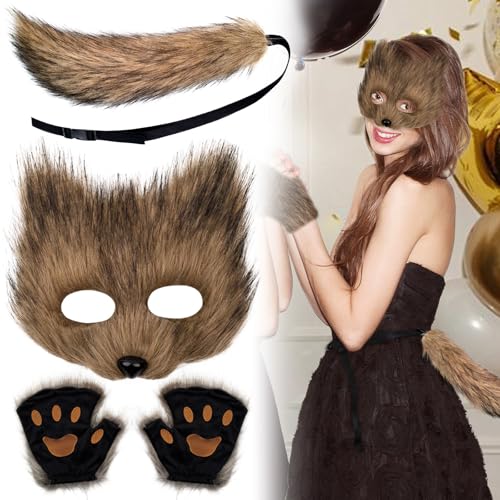 SINSEN Therian Katze Maske und Schwanz Kit, Pelzfuchsmaske Schwanz und Pfoten Kostüm Zubehör Tier Cosplay Dress Up für Party Halloween Maskerade Karneval (Braun) von SINSEN