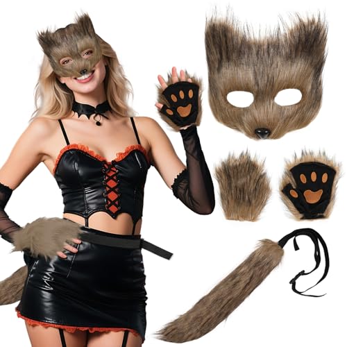SINSEN Therian Katze Maske und Schwanz Kit, Pelzfuchsmaske Schwanz und Pfoten Kostüm Zubehör Tier Cosplay Dress Up für Party Halloween Maskerade Karneval (Braun) von SINSEN