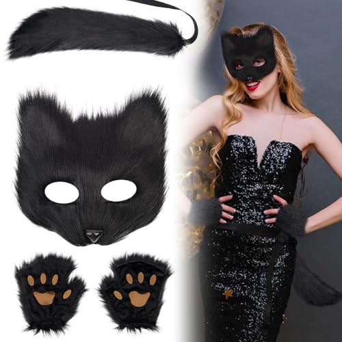 SINSEN Therian Katze Maske und Schwanz Kit, Pelzfuchsmaske Schwanz und Pfoten Kostüm Zubehör Tier Cosplay Dress Up für Party Halloween Maskerade Karneval (Schwarz) von SINSEN
