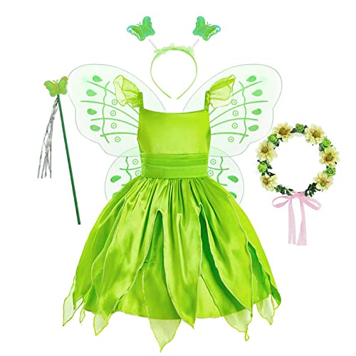 SINSEN Tinkerbells Kostüm Kleid Mädchen Grüne Fee Halloween Cosplay Kostüm Anzug mit Schmetterlingsflügeln Zauberstab Stirnband Karneval Dress Up,4-5 Jahre von SINSEN
