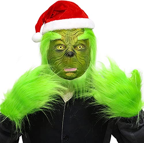 SINSEN Weihnachten Grün Maske mit Weihnachtsmütze und Handschuhen Weihnachtsmaske Cosplay Kostüm Latex Vollkopf Sammlerstück Requisite Gruselige Maske Spielzeug von SINSEN