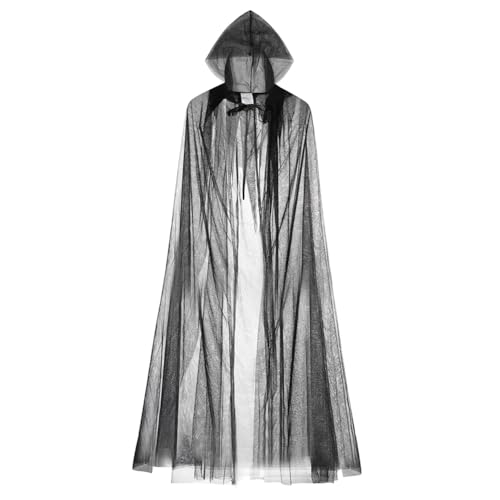 Halloween Kapuzenumhang Damen Tüllumhang Lange Hexenumhang mit Kapuze Zaubererumhang Transparent Mesh Kapuzenmantel Vintage Hexenmantel Erwachsene Vampir Kostüm für Halloween Karneval Cosplay von SIQITECH