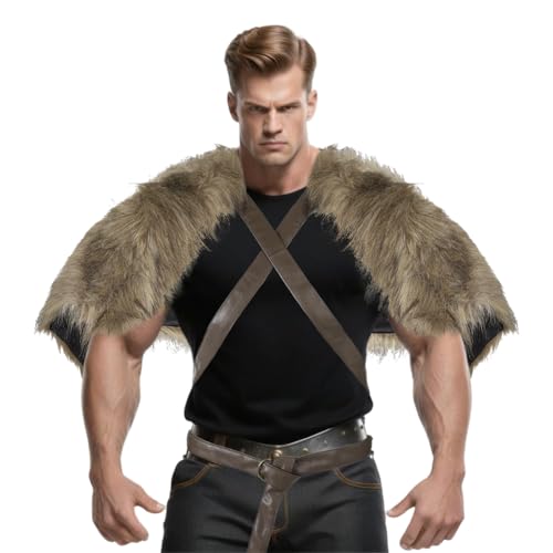 Halloween Wikinger Schulterkragen Kunstfell Wikinger Kostüm Herren Vintage Krieger Pelz Mittelalterlich Schulterüberwurf Fellumhang Verstellbar Kostüm Accessoire für Halloween Karneval Cosplay von SIQITECH