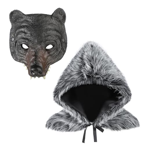 SIQITECH Halloween Kunstfell Kapuze Schwarz Bär Maske Set Jäger Kostüm Fell Kapuzenkragen Schulterkragen Mittelalter Kapuzenschal Ritter Bärenmaske Realistisch Waldthemen Outfit für Halloween Cosplay SIQITECH Halloween Kunstfell Kapuze Schwarz Bär Maske Set Jäger Kostüm Fell Kapuzenkragen Schulterkragen Mittelalter Kapuzenschal Ritter Bärenmaske Realistisch Waldthemen Outfit für Halloween Cosplay von SIQITECH