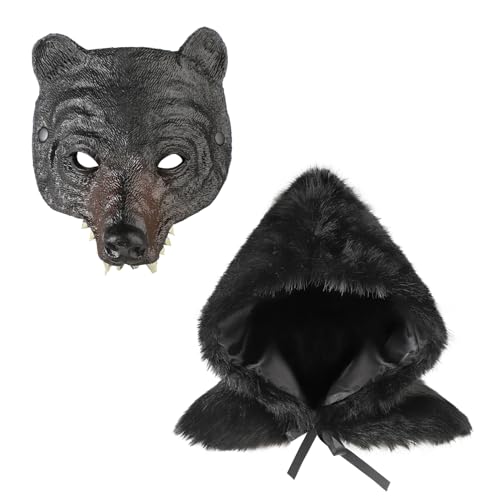 SIQITECH Halloween Kunstfell Kapuze Schwarz Bär Maske Set Jäger Kostüm Fell Kapuzenkragen Schulterkragen Mittelalter Kapuzenschal Ritter Bärenmaske Realistisch Waldthemen Outfit für Halloween Cosplay SIQITECH Halloween Kunstfell Kapuze Schwarz Bär Maske Set Jäger Kostüm Fell Kapuzenkragen Schulterkragen Mittelalter Kapuzenschal Ritter Bärenmaske Realistisch Waldthemen Outfit für Halloween Cosplay von SIQITECH
