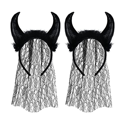 SIQITECH Halloween Stirnband Damen Mädchen Kopfbedeckung Horn Teufel Kostüm Accessoire Spitze Feder Haarreif Tag der Toten Kopfschmuck für Cosplay Halloween Kostümparty von SIQITECH