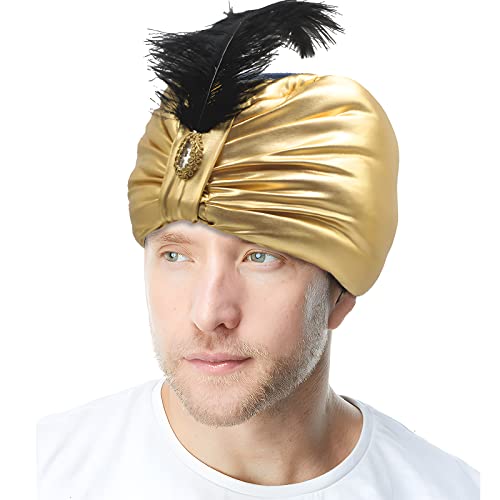 SIQITECHNO Indischer Turban Golden Sultan Hut Plissee Plume Arabian Prince Headwrap Swami Hut Arabischer Genie Weise Mann Kopfbedeckung Kostüm SIQITECHNO Indischer Turban Golden Sultan Hut Plissee Plume Arabian Prince Headwrap Swami Hut Arabischer Genie Weise Mann Kopfbedeckung Kostüm von SIQITECHNO