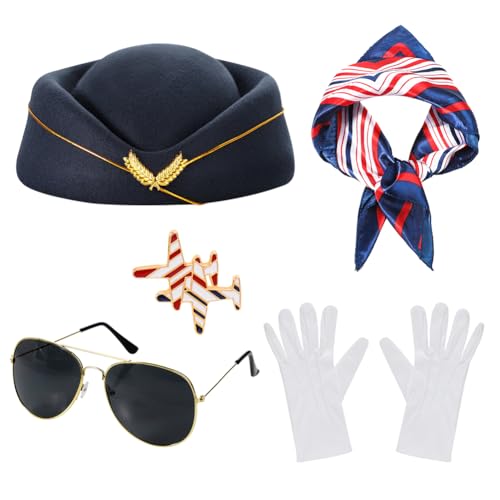5-teiliges Damen-Kostüm-Set, Flugbegleiter-Kostüm, Flugbegleiter-Kostüm, Stewardess-Outfits mit Stewardess-Hut, Sonnenbrille, Brosche, Schal, Handschuhe für Cosplay, Fasching, Halloween, Party 5-teiliges Damen-Kostüm-Set, Flugbegleiter-Kostüm, Flugbegleiter-Kostüm, Stewardess-Outfits mit Stewardess-Hut, Sonnenbrille, Brosche, Schal, Handschuhe für Cosplay, Fasching, Halloween, Party von SIQITECHUK