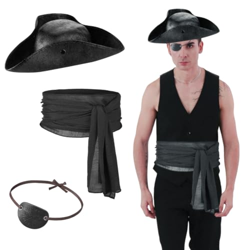 SIQITECHUK Piratenkostüm-Zubehör für Erwachsene, mit Piratenhut, Augenklappe, Schärpe, Gürtel, Mittelalterlicher Kapitän, Dreizackkappe, Renaissance-Outfit für Halloween, Cosplay, Kostümparty, Schwarz SIQITECHUK Piratenkostüm-Zubehör für Erwachsene, mit Piratenhut, Augenklappe, Schärpe, Gürtel, Mittelalterlicher Kapitän, Dreizackkappe, Renaissance-Outfit für Halloween, Cosplay, Kostümparty, Schwarz von SIQITECHUK