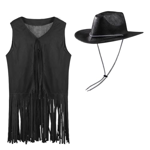 Unisex Western Cowboyhut und Weste Set Verkleidung Cowgirl Kostüm Outfit Quaste Weste Hippie Kleidung Fransen Ärmellose Jacken Breite Krempe Kunstleder Cowboyhut Cosplay Zubehör für Damen Herren von SIQITECHUK