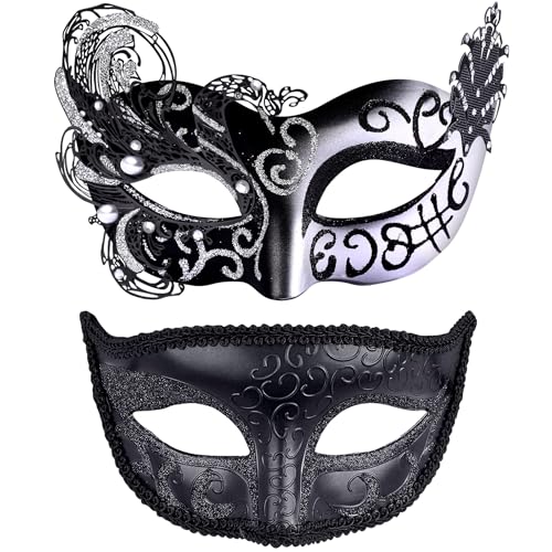 SIQUK 2 Stück Venezianische Maske Maskerade Mask Venezianischen Maske Kostüm Masken für Damen Herren Paar Halloween Karneval Party, Schwarz & Silber von SIQUK