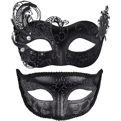 SIQUK 2 Stück Venezianische Maske Maskerade Mask Venezianischen Maske Kostüm Masken für Damen Herren Paar Halloween Karneval Party, Schwarz von SIQUK