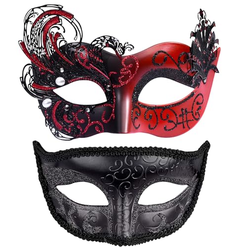 SIQUK 2 Stück Venezianische Maske Maskerade Mask Venezianischen Maske Kostüm Masken für Damen Herren Paar Karneval Halloween Party, Schwarz & Rot von SIQUK