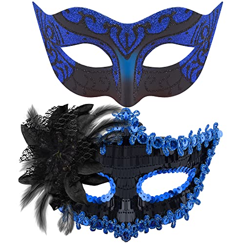 SIQUK 2 Stück Venezianische Maske Paar Maskerade Mask Venezianischen Maske Kostüm Masken für Damen Herren Halloween Karneval Party, Schwarz & Blau von SIQUK