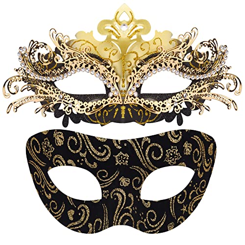 SIQUK 2 Stück Venezianische Maske Paar Maskerade Mask Venezianischen Maske Kostüm Masken für Damen Herren Halloween Karneval Party, Schwarz & Gold SIQUK 2 Stück Venezianische Maske Paar Maskerade Mask Venezianischen Maske Kostüm Masken für Damen Herren Halloween Karneval Party, Schwarz & Gold von SIQUK