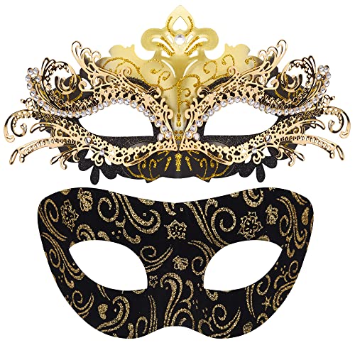 SIQUK 2 Stück Venezianische Maske Paar Maskerade Mask Venezianischen Maske Kostüm Masken für Damen Herren Halloween Karneval Party, Schwarz & Gold von SIQUK