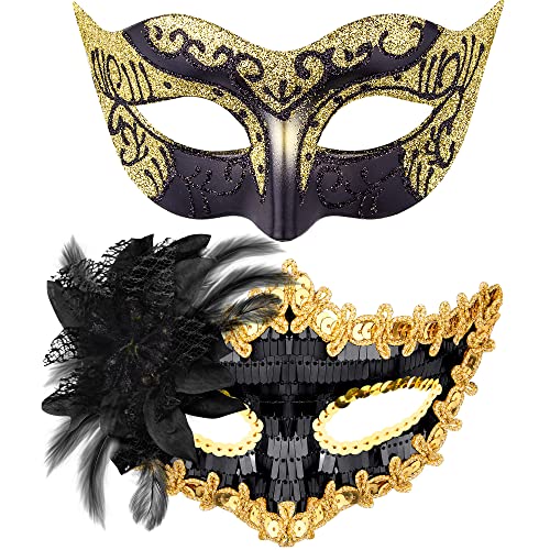 SIQUK 2 Stück Venezianische Maske Paar Maskerade Mask Venezianischen Maske Kostüm Masken für Damen Herren Halloween Karneval Party, Schwarz & Gold SIQUK 2 Stück Venezianische Maske Paar Maskerade Mask Venezianischen Maske Kostüm Masken für Damen Herren Halloween Karneval Party, Schwarz & Gold von SIQUK