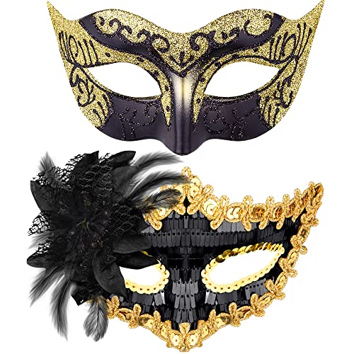 SIQUK 2 Stück Venezianische Maske Paar Maskerade Mask Venezianischen Maske Kostüm Masken für Damen Herren Halloween Karneval Party, Schwarz & Gold von SIQUK