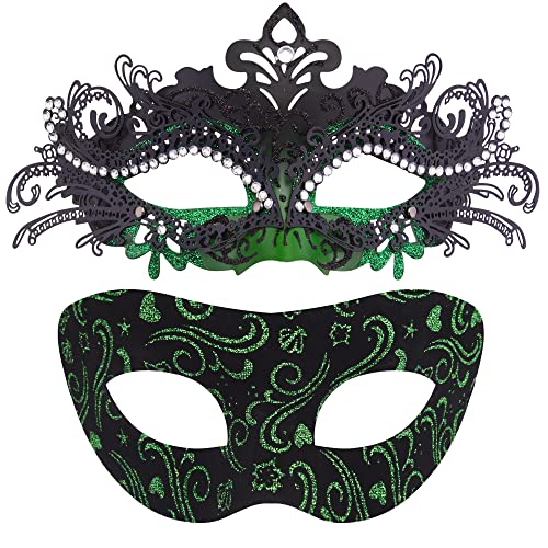 SIQUK 2 Stück Venezianische Maske Paar Maskerade Mask Venezianischen Maske Kostüm Masken für Damen Herren Halloween Karneval Party, Schwarz & Grün von SIQUK