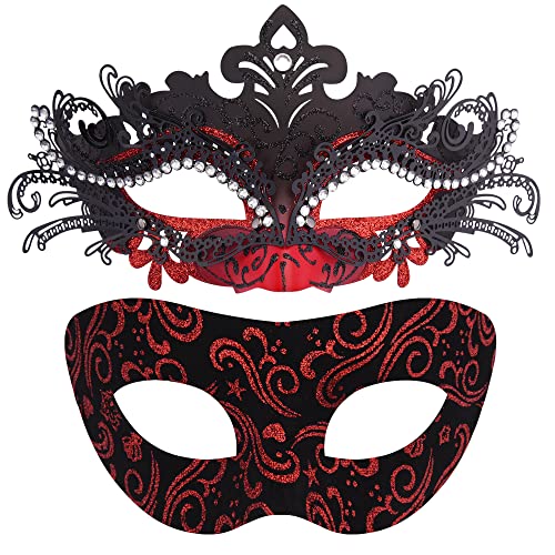 SIQUK 2 Stück Venezianische Maske Paar Maskerade Mask Venezianischen Maske Kostüm Masken für Damen Herren Halloween Karneval Party, Schwarz & Rot von SIQUK