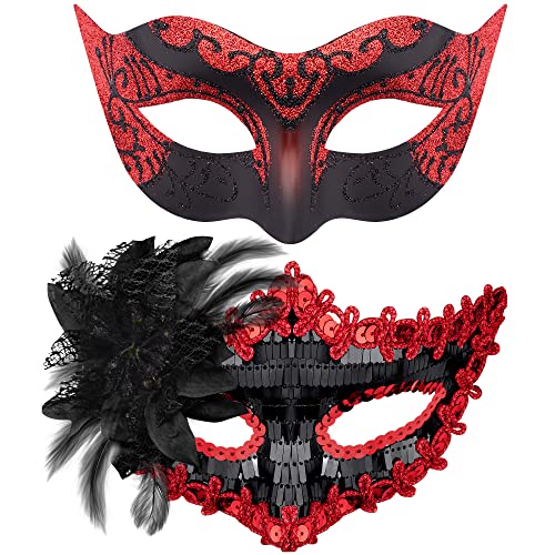 SIQUK 2 Stück Venezianische Maske Paar Maskerade Mask Venezianischen Maske Kostüm Masken für Damen Herren Halloween Karneval Party, Schwarz & Rot SIQUK 2 Stück Venezianische Maske Paar Maskerade Mask Venezianischen Maske Kostüm Masken für Damen Herren Halloween Karneval Party, Schwarz & Rot von SIQUK