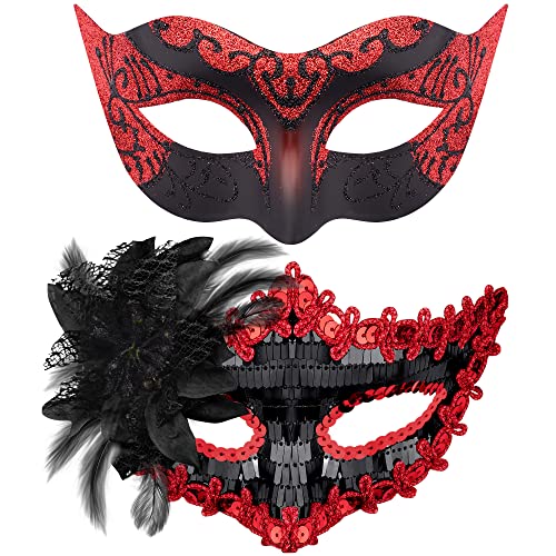 SIQUK 2 Stück Venezianische Maske Paar Maskerade Mask Venezianischen Maske Kostüm Masken für Damen Herren Halloween Karneval Party, Schwarz & Rot von SIQUK