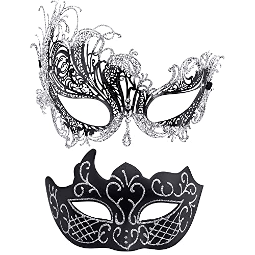 SIQUK 2 Stück Venezianische Maske Paar Maskerade Mask Venezianischen Maske Kostüm Masken für Damen Herren Halloween Karneval Party, Schwarz & Silber von SIQUK