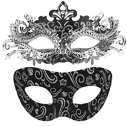 SIQUK 2 Stück Venezianische Maske Paar Maskerade Mask Venezianischen Maske Kostüm Masken für Damen Herren Halloween Karneval Party, Schwarz & Silber von SIQUK