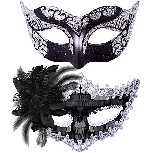 SIQUK 2 Stück Venezianische Maske Paar Maskerade Mask Venezianischen Maske Kostüm Masken für Damen Herren Halloween Karneval Party, Schwarz & Silber SIQUK 2 Stück Venezianische Maske Paar Maskerade Mask Venezianischen Maske Kostüm Masken für Damen Herren Halloween Karneval Party, Schwarz & Silber von SIQUK