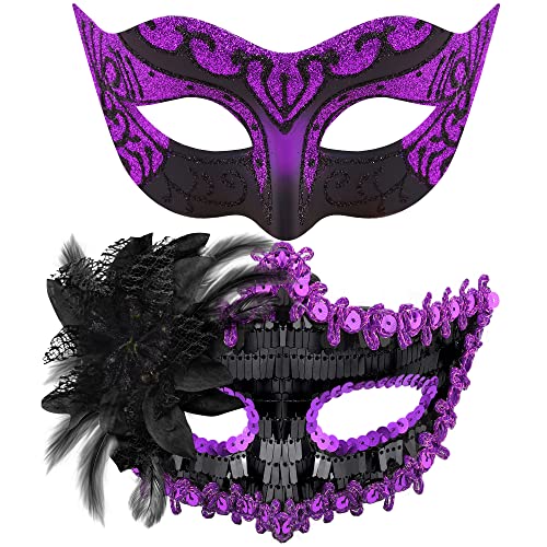 SIQUK 2 Stück Venezianische Maske Paar Maskerade Mask Venezianischen Maske Kostüm Masken für Damen Herren Halloween Karneval Party, Schwarz & Violett von SIQUK
