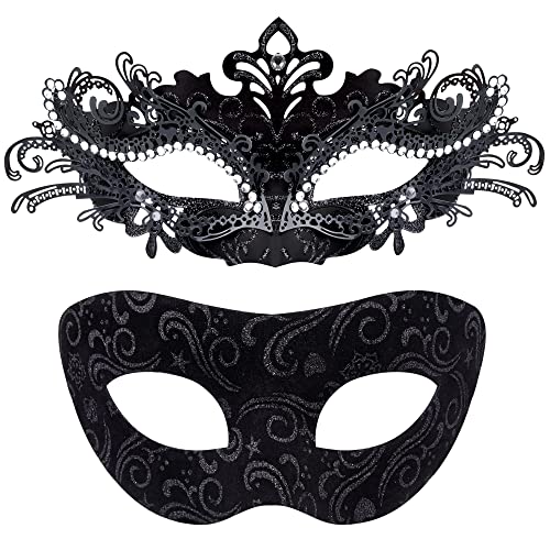 SIQUK 2 Stück Venezianische Maske Paar Maskerade Mask Venezianischen Maske Kostüm Masken für Damen Herren Halloween Karneval Party, Schwarz von SIQUK