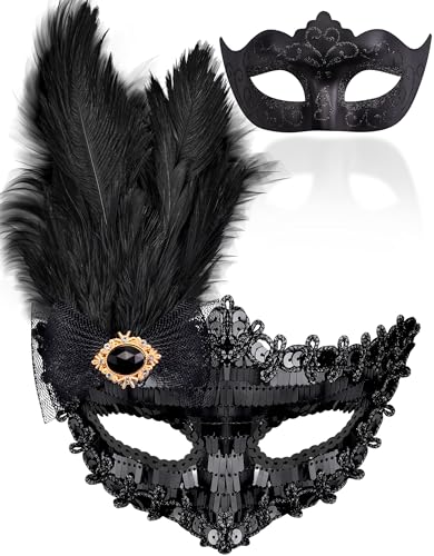 SIQUK 2 Stück Venezianische Maske Paar Maskerade Mask Venezianischen Maske Kostüm Masken für Damen Herren Halloween Karneval Party, Schwarz von SIQUK