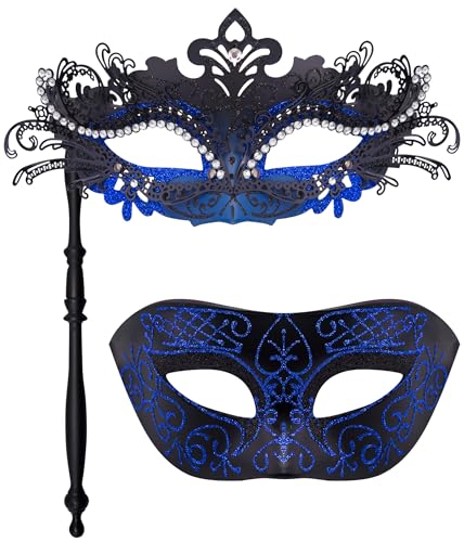 SIQUK 2 Stück Venezianische Maske Paar Maskerade Maske mit Stab Karnevalsmaske Augenmaske für Damen Herren Halloween Karneval, Schwarz & Blau von SIQUK