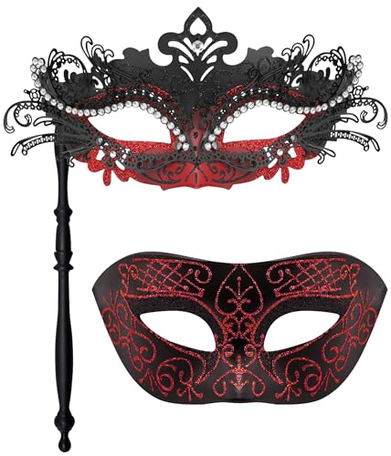 SIQUK 2 Stück Venezianische Maske Paar Maskerade Maske mit Stab Karnevalsmaske Augenmaske für Damen Herren Halloween Karneval, Schwarz & Rot von SIQUK