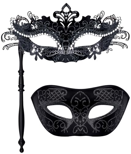 SIQUK 2 Stück Venezianische Maske Paar Maskerade Maske mit Stab Karnevalsmaske Augenmaske für Damen Herren Halloween Karneval, Schwarz von SIQUK