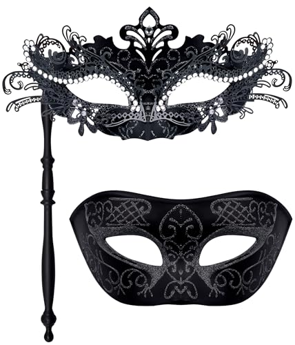 SIQUK 2 Stück Venezianische Maske Paar Maskerade Maske mit Stab Karnevalsmaske Augenmaske für Damen Herren Halloween Karneval, Schwarz SIQUK 2 Stück Venezianische Maske Paar Maskerade Maske mit Stab Karnevalsmaske Augenmaske für Damen Herren Halloween Karneval, Schwarz von SIQUK